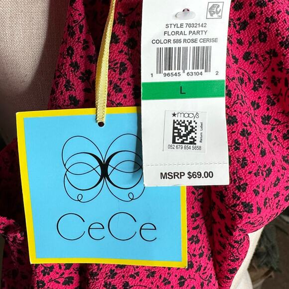 CECE Rose Cerise Floral Party Pink Flower Pattern V-Neck Crepe Blouse Women's L - Picture 5 of 7